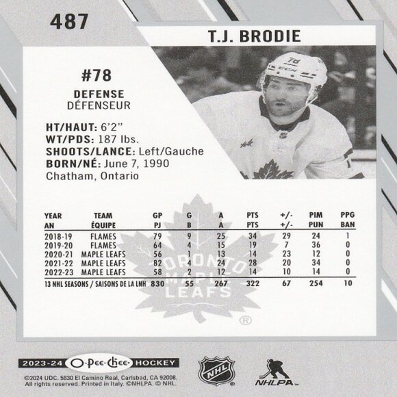 T. J. Brodie - 2023/2024 O Pee Chee Hockey Card - Card Number 487 - Picture 2 of 2